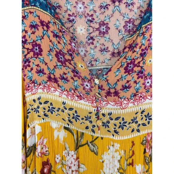 Boho Cottagecore Umgee Womens XL Mustard Yellow Floral Mixed Print Mini Dress - Picture 4 of 10
